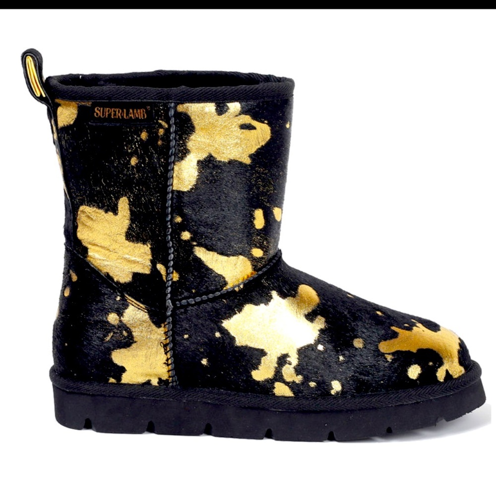Superlamb Turano 7.5 etched cow print black and gold